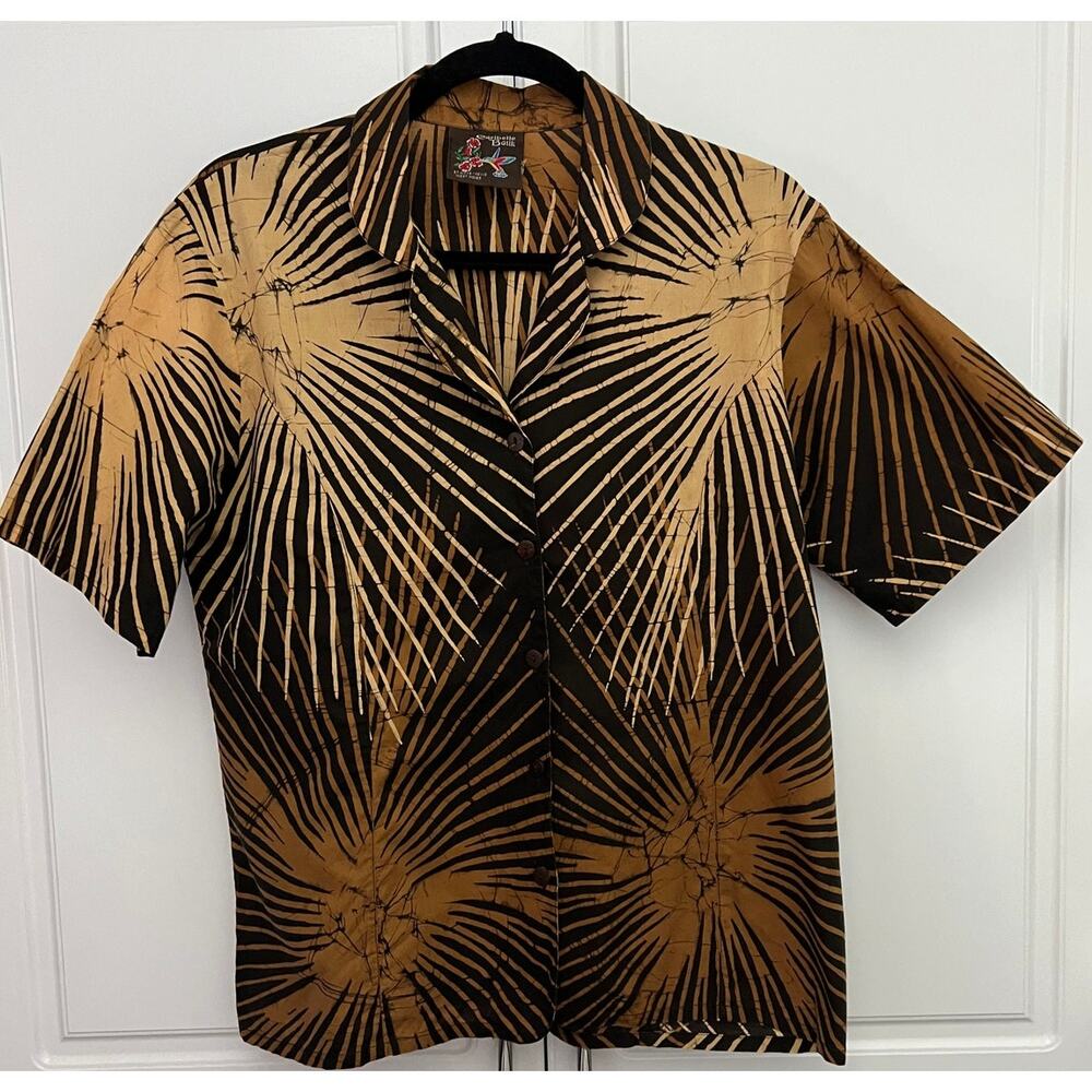 Vtg Caribelle Batik Women's Button Front Shirt Brown Size Large